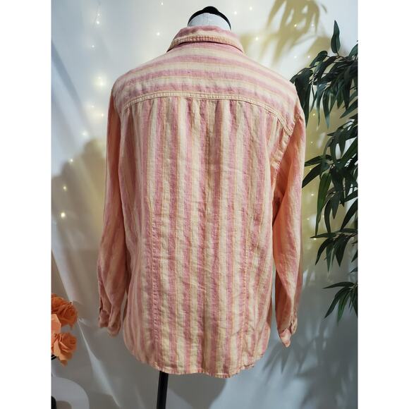Chicos Vtg Linen Striped Snap Shirt Womens Size 3 US XL 16 Beach Sunset Orange - Picture 5 of 10